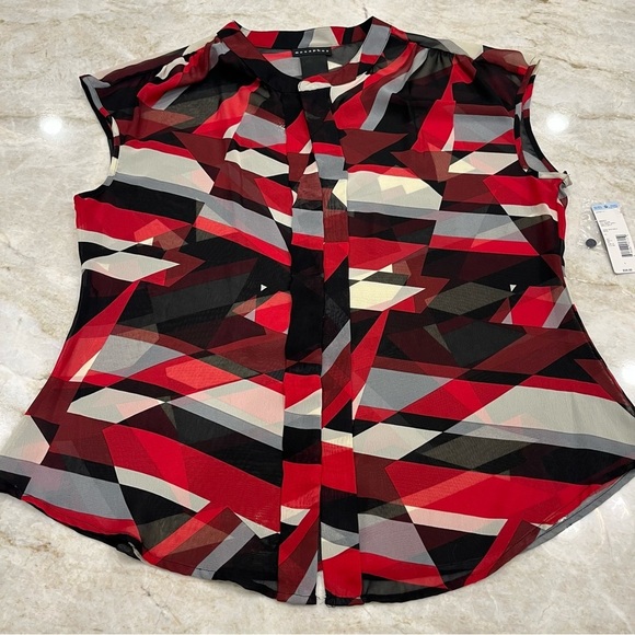NEW Metaphor | Red, Grey, Black Abstract Cap Sleeve Button Down Blouse | Large - Picture 3 of 8